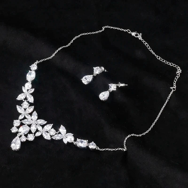 Adjustable open ring / white white-gold RAKOL SP1006 luxury jewelry set for women zircon necklace sets