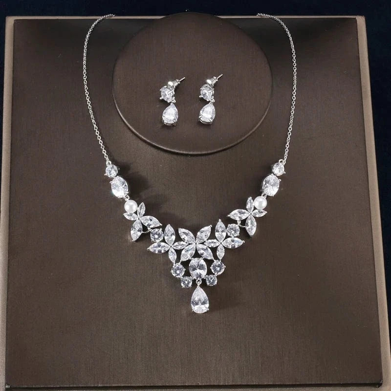 Adjustable open ring / white white-gold RAKOL SP1006 luxury jewelry set for women zircon necklace sets