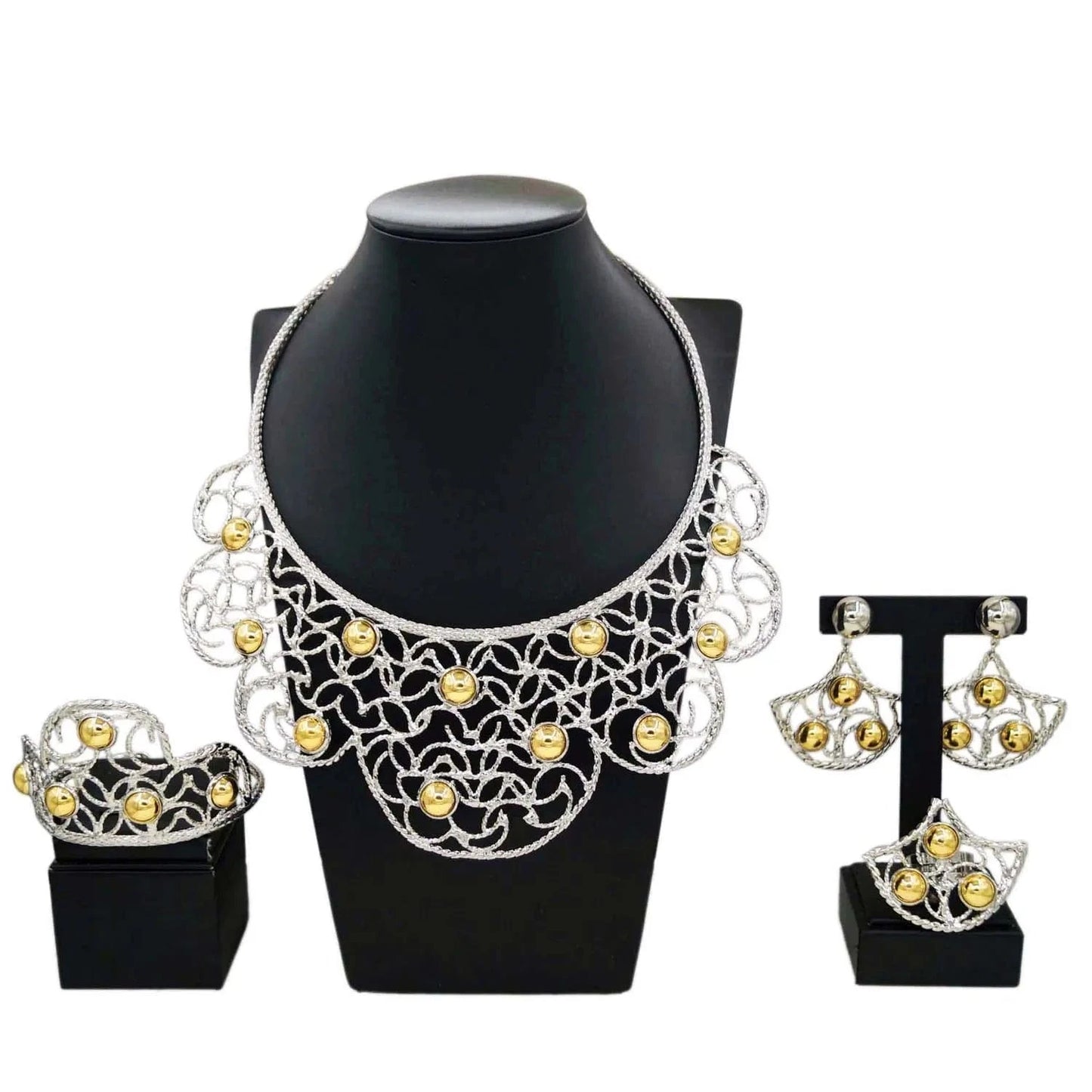 Adjustable / silver Fashion New Arrivals Brasil Gold Plated Copper Necklace Bracelet Earrings Ring Set Latest Bridal Wedding Wholesale Gift Jewelry