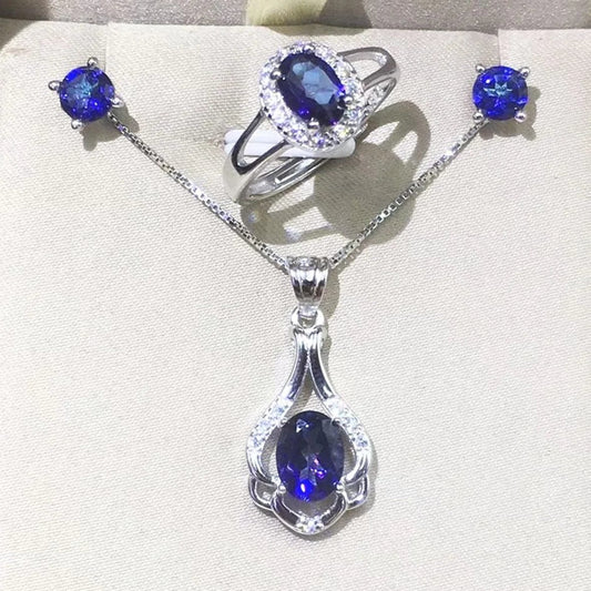 Adjustable Size Ring / Blue Fine Jewelry Tanzanite Natural Topaz Ring Earrings Pendant Wedding Engagement Jewelry Sets in 925 Sterling Silver