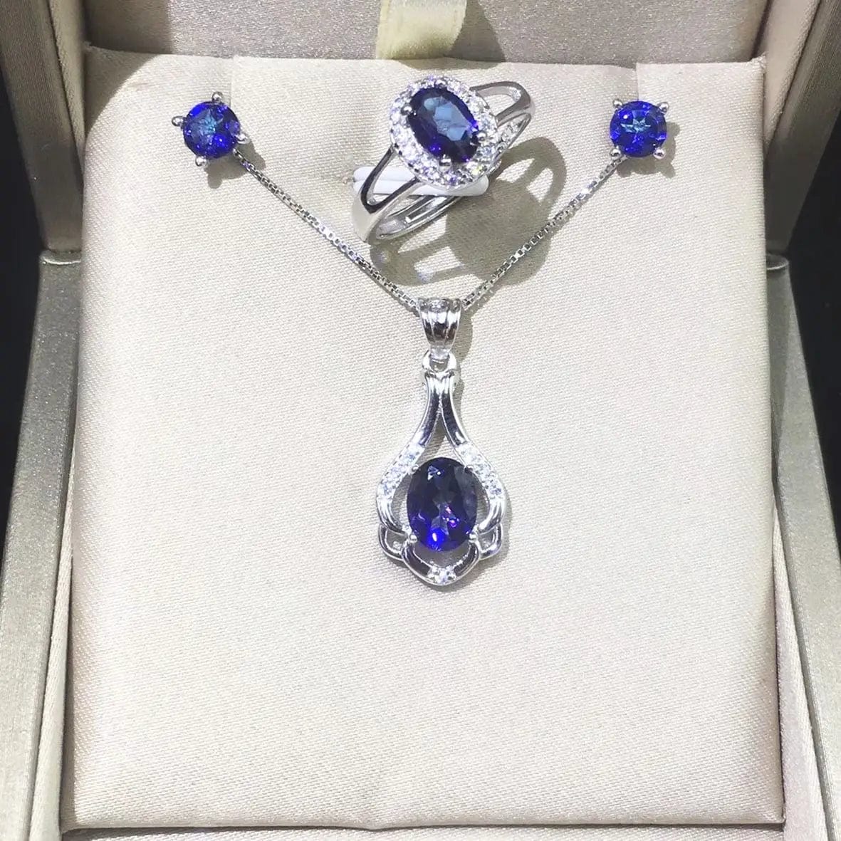 Adjustable Size Ring / Blue Fine Jewelry Tanzanite Natural Topaz Ring Earrings Pendant Wedding Engagement Jewelry Sets in 925 Sterling Silver