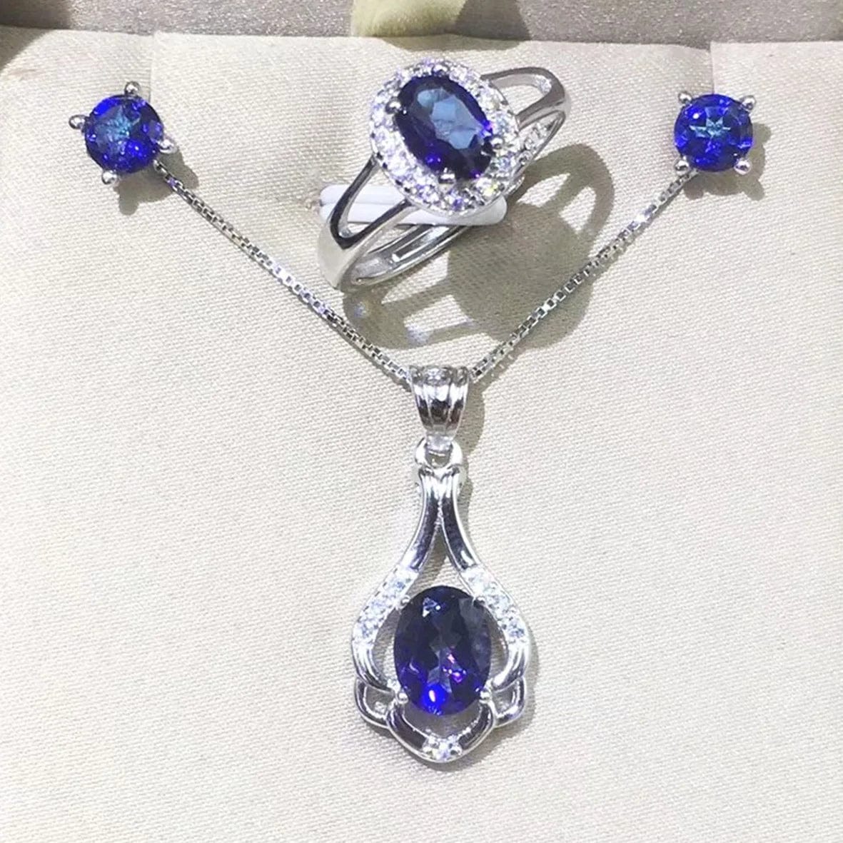 Adjustable Size Ring / Blue Fine Jewelry Tanzanite Natural Topaz Ring Earrings Pendant Wedding Engagement Jewelry Sets in 925 Sterling Silver