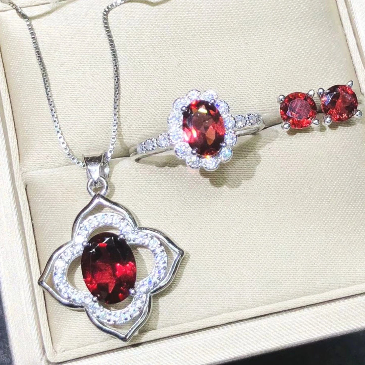 Adjustable Size Ring / Red 925 Sterling Silver Natural Garnet Gemstone Ring Earring Pendant Necklace Jewelry Sets Engagement Wedding Jewelry