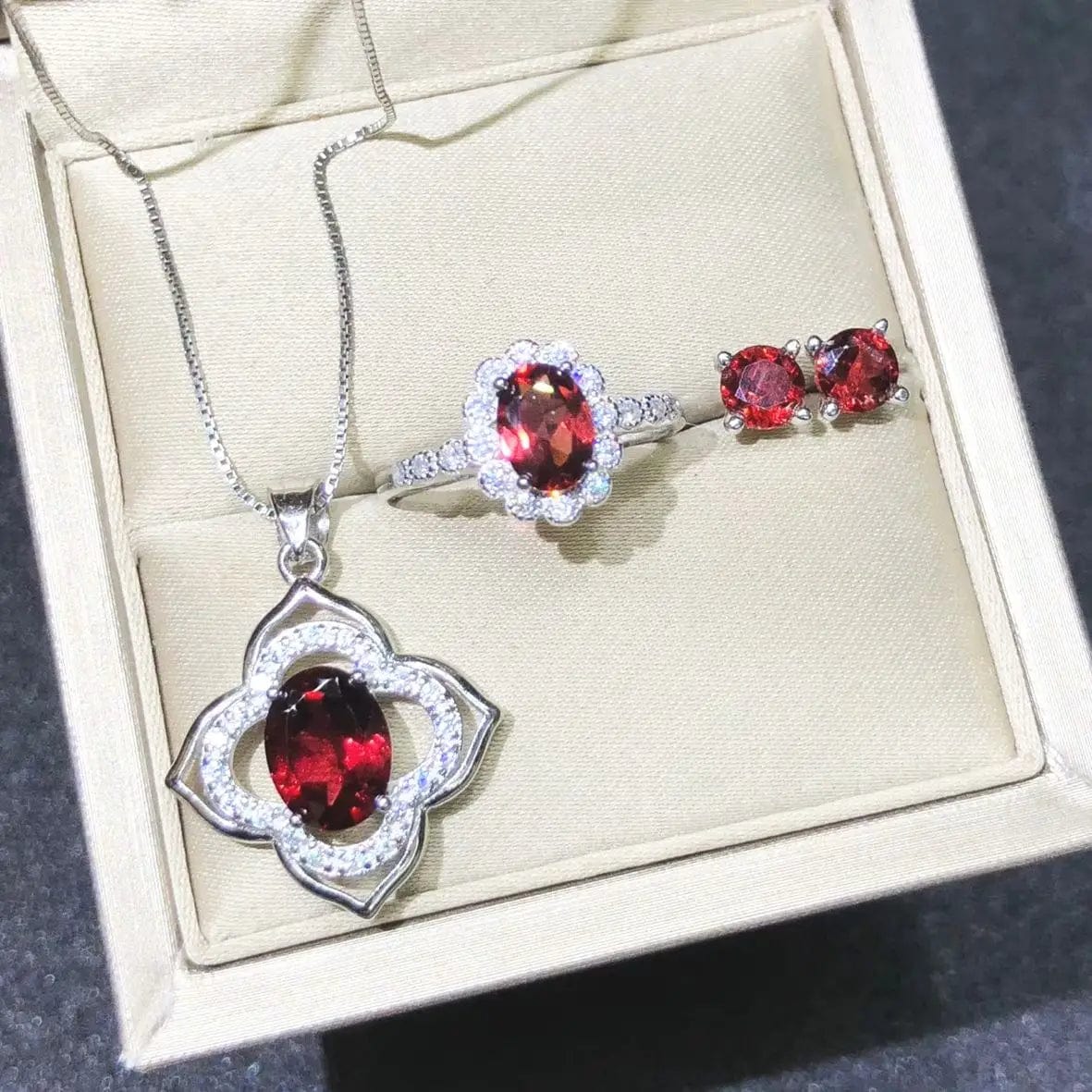 Adjustable Size Ring / Red 925 Sterling Silver Natural Garnet Gemstone Ring Earring Pendant Necklace Jewelry Sets Engagement Wedding Jewelry