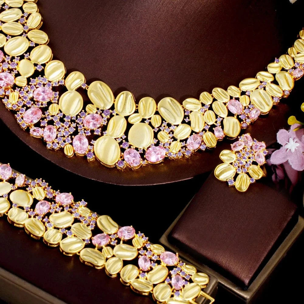 Adjustable size / T0840 4piece African Cubic Zirconia Extra Large Necklace Women Wedding Party Dubai Gold Plated Luxury Big Jewelry Sets for Brides