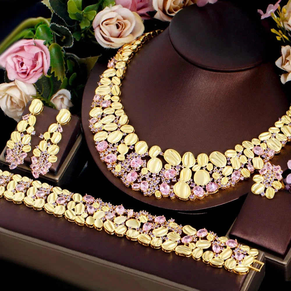 Adjustable size / T0840 4piece African Cubic Zirconia Extra Large Necklace Women Wedding Party Dubai Gold Plated Luxury Big Jewelry Sets for Brides