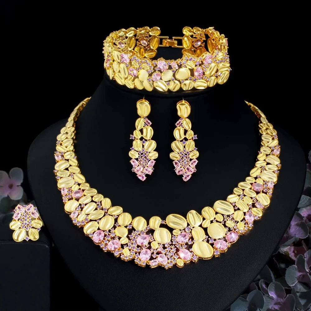 Adjustable size / T0840 4piece African Cubic Zirconia Extra Large Necklace Women Wedding Party Dubai Gold Plated Luxury Big Jewelry Sets for Brides
