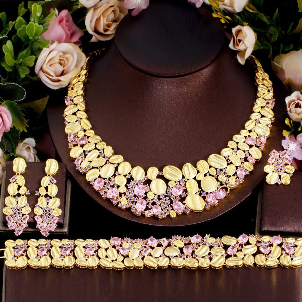 Adjustable size / T0840 4piece African Cubic Zirconia Extra Large Necklace Women Wedding Party Dubai Gold Plated Luxury Big Jewelry Sets for Brides