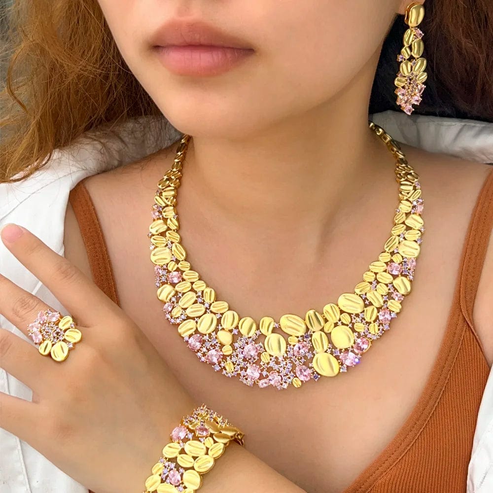 Adjustable size / T0840 4piece African Cubic Zirconia Extra Large Necklace Women Wedding Party Dubai Gold Plated Luxury Big Jewelry Sets for Brides