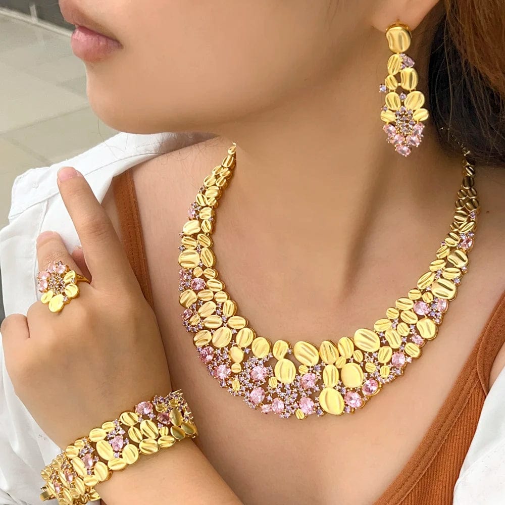 Adjustable size / T0840 4piece African Cubic Zirconia Extra Large Necklace Women Wedding Party Dubai Gold Plated Luxury Big Jewelry Sets for Brides