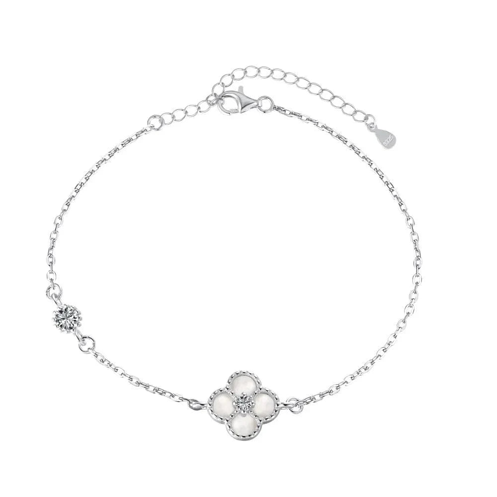 Adjustable / White Gold & White Women's Adjustable 925 Sterling Silver Four Leaf Clover Bracelet - Fine Jewelry, Best Friend Gift