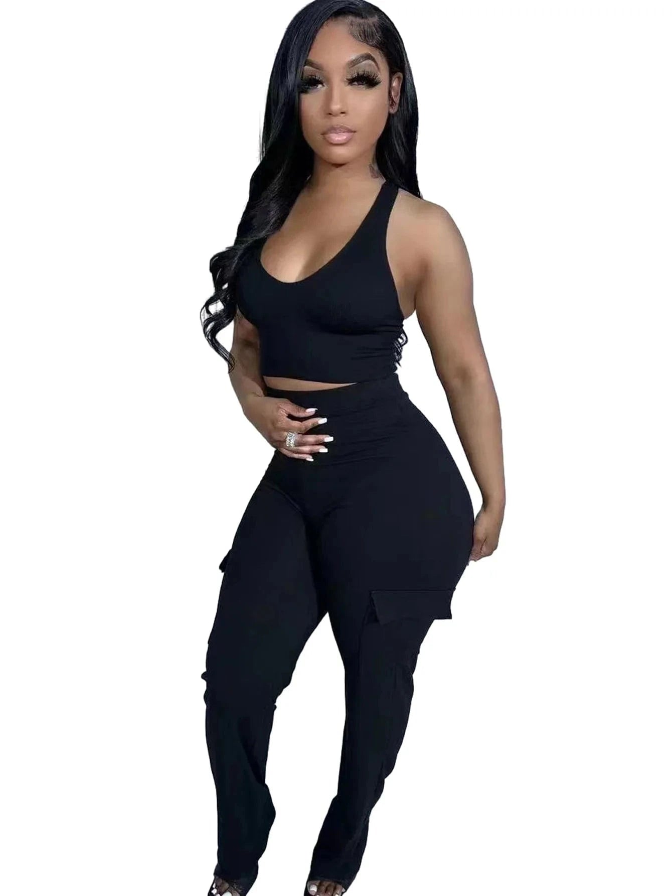 Adult fashion summer women 2 piece crop tops cargo pants jogger set 2024 for women