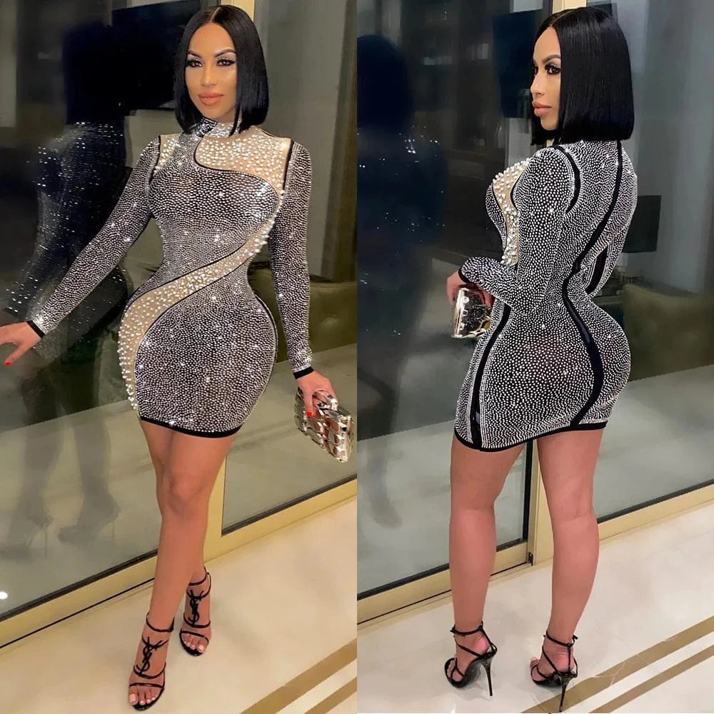 AF001 New Arrival Beaded Dress Long Sleeve Fashion Rhinestone Bodycon Zipper Club Party Autumn Dresses