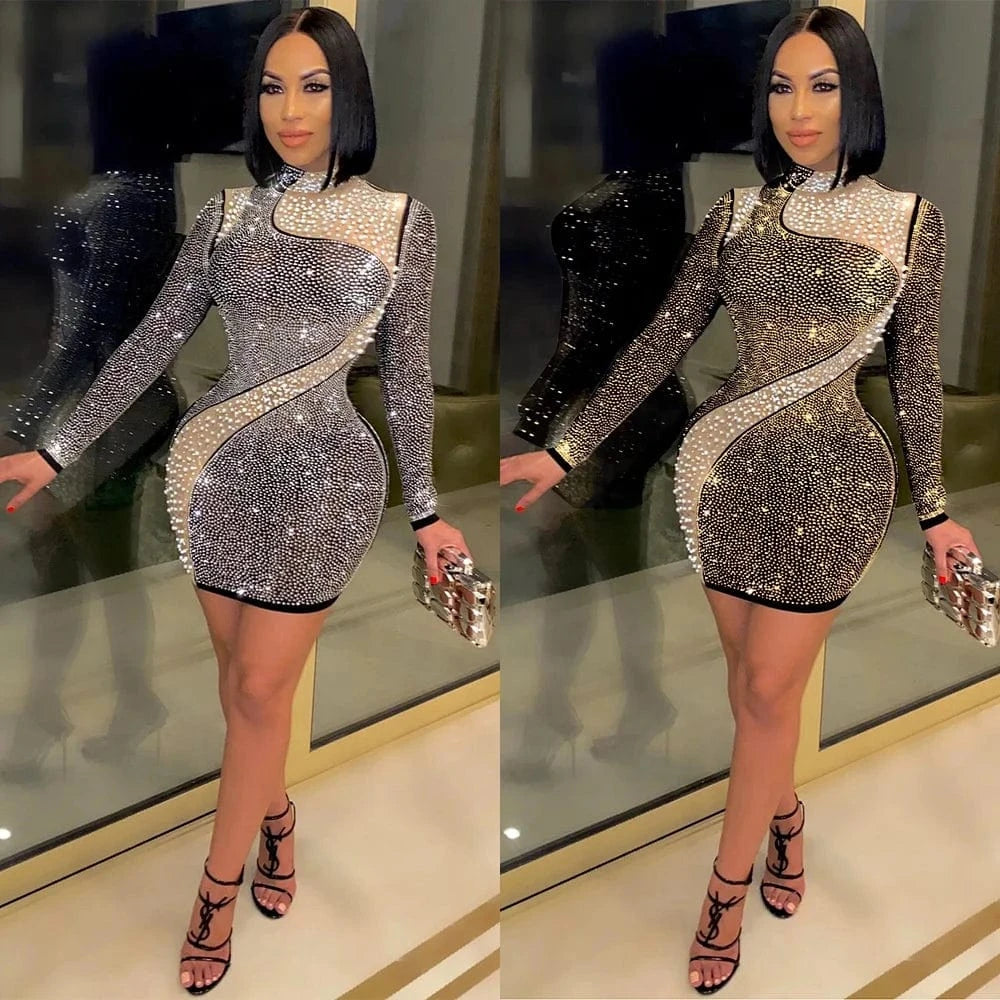 AF001 New Arrival Beaded Dress Long Sleeve Fashion Rhinestone Bodycon Zipper Club Party Autumn Dresses