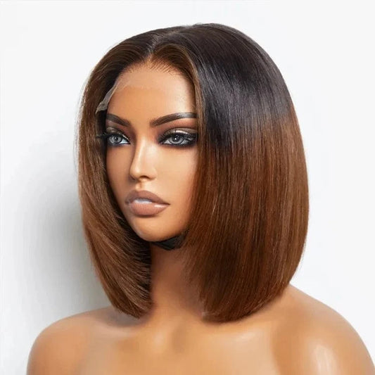 Affordable 5x5 Transparent Lace Closure Wig Human Hair Short Bob Cut Straight Ombre Brown 200% Density for Women