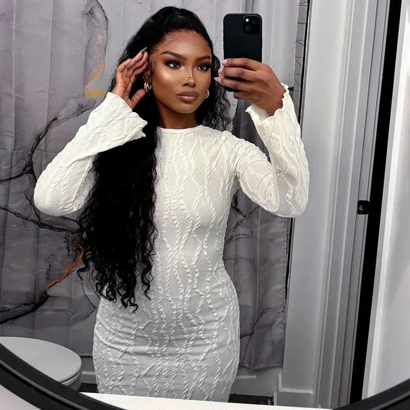 african spring 2024 woman ribbed white elegant black long sleeve bodycon midi maxi dress high quality ladies clothing for women