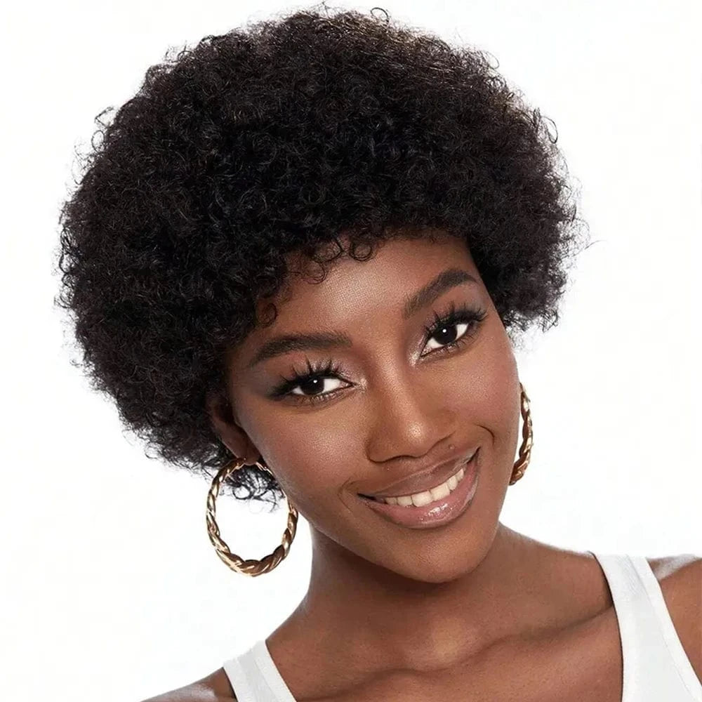 Afro Kinky Curly Pixie Cut Bangs Wig Natural Black Human Hair Short Wig Full Machine Made Wig Natural Looking Replacement Wig