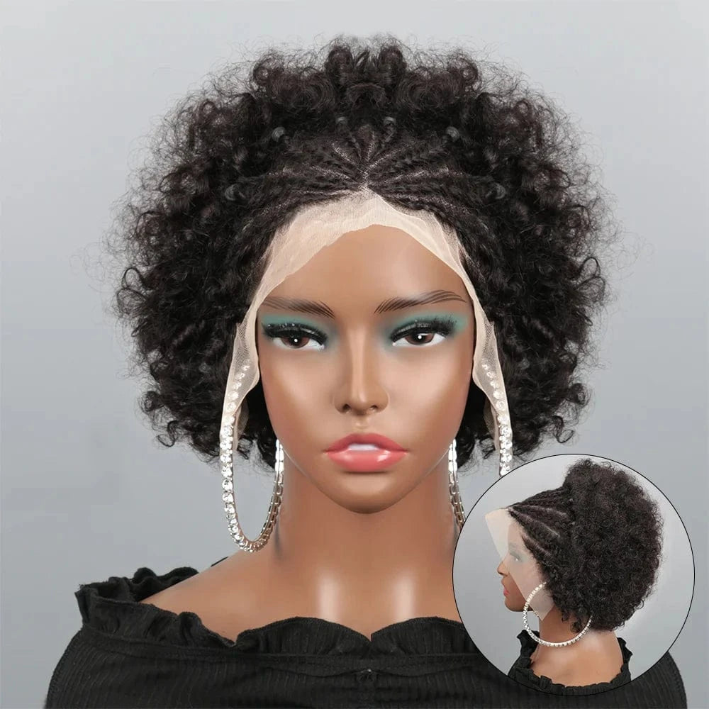 Afro Puff 13x4 Lace Frontal Human Hair With Pre Made Cornrow Braided Kinky Curly Wig With Baby HairHair Wig for Woman