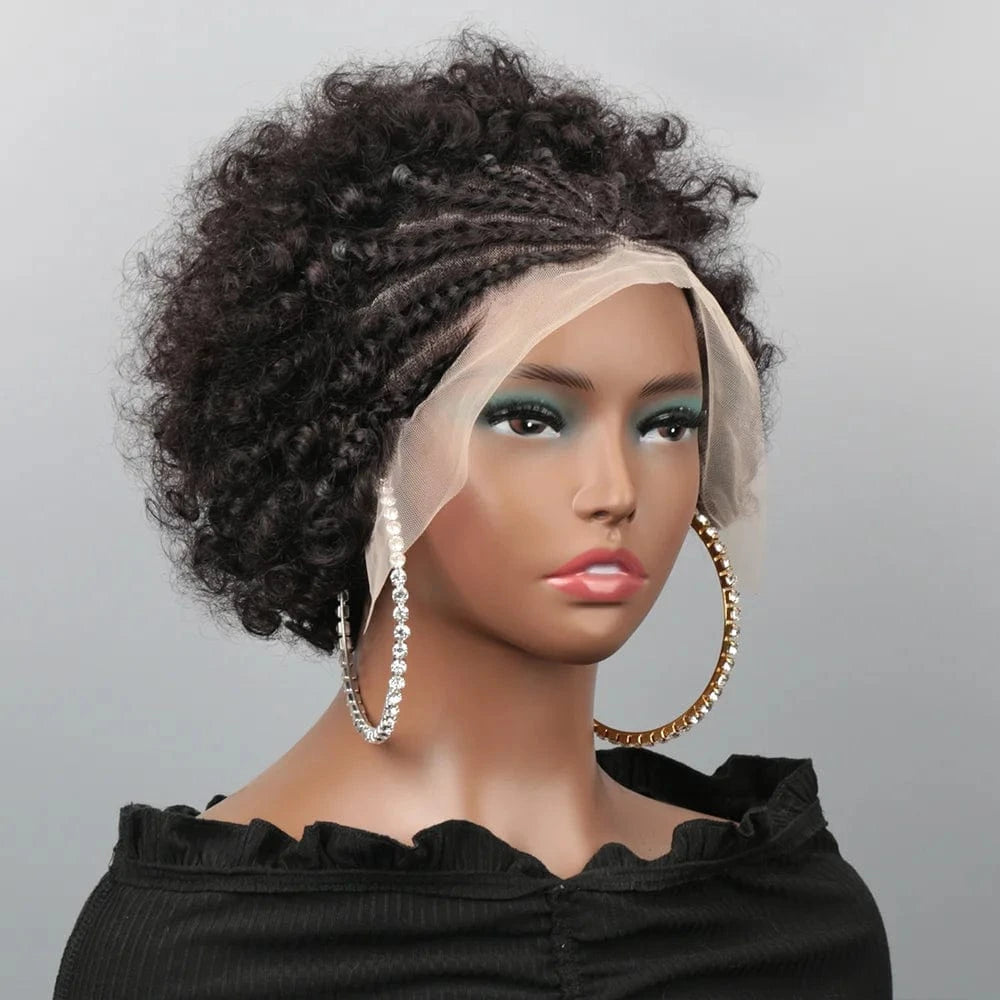 Afro Puff 13x4 Lace Frontal Human Hair With Pre Made Cornrow Braided Kinky Curly Wig With Baby HairHair Wig for Woman