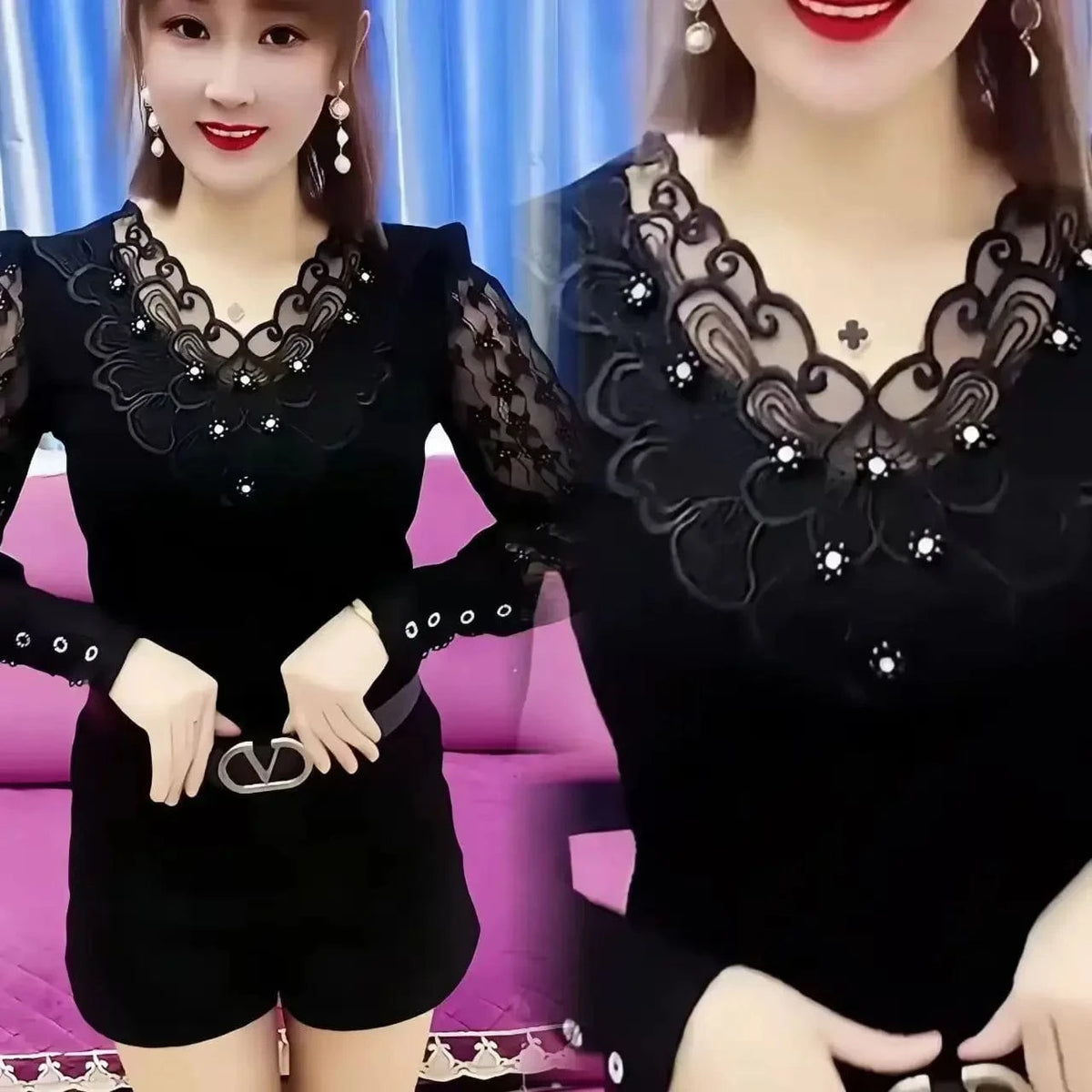 Age-reducing Fashionable Middle-aged High-end Design Shirt Bottoming Shirt  Women Lace Long-sleeved Basement Trendy