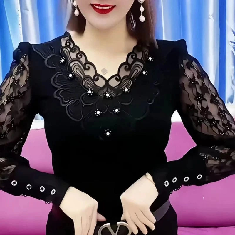Age-reducing Fashionable Middle-aged High-end Design Shirt Bottoming Shirt  Women Lace Long-sleeved Basement Trendy