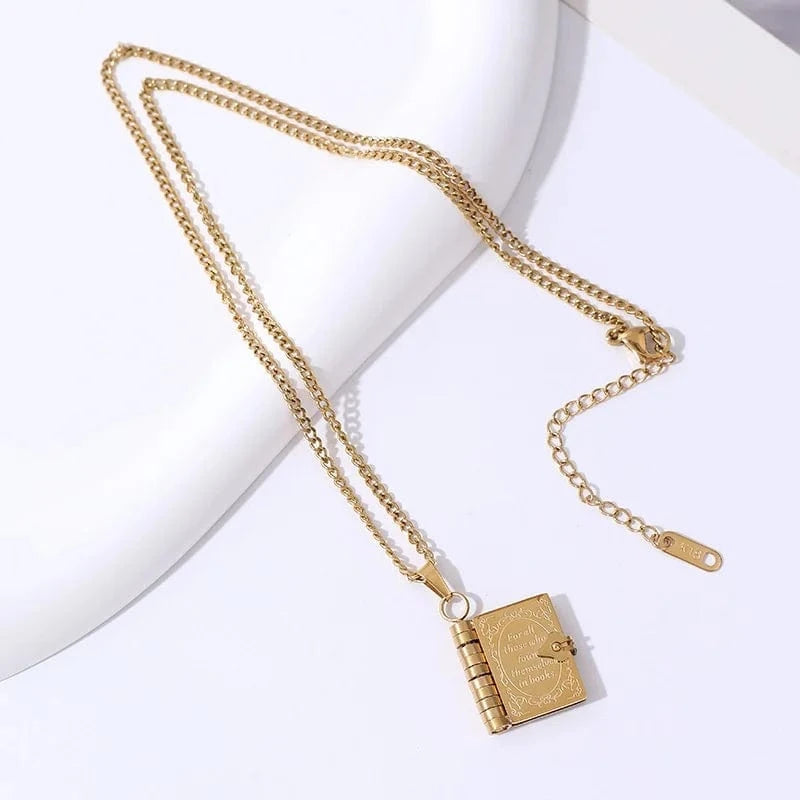Aimgal fashion jewelry DIY carving Lovers Book pendent necklace 316 stainless steel PVD plated 18k gold waterproof non tarnish