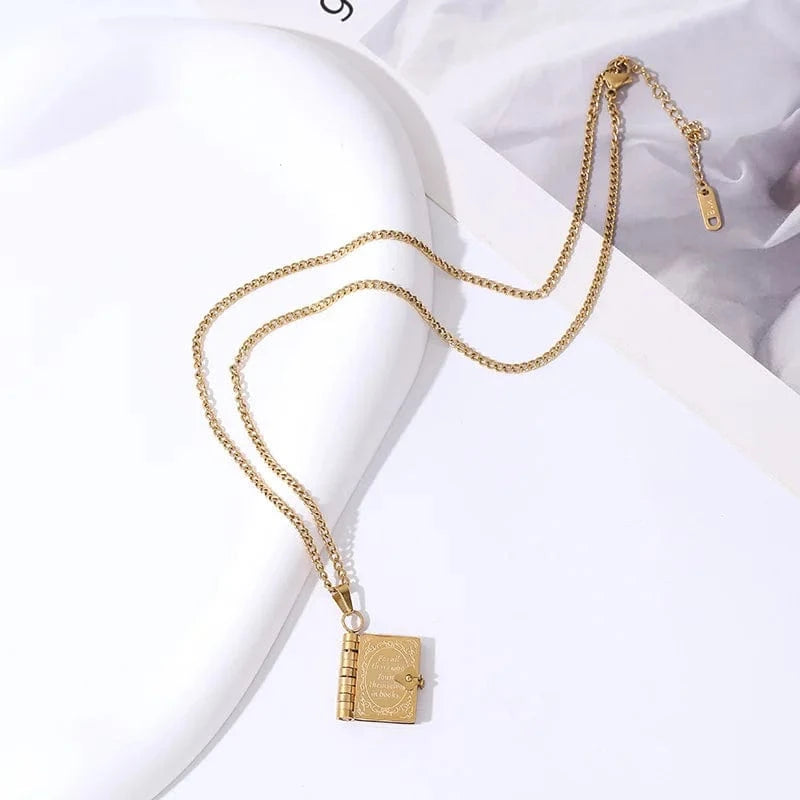 Aimgal fashion jewelry DIY carving Lovers Book pendent necklace 316 stainless steel PVD plated 18k gold waterproof non tarnish
