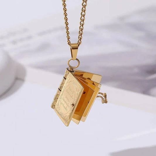 Aimgal fashion jewelry DIY carving Lovers Book pendent necklace 316 stainless steel PVD plated 18k gold waterproof non tarnish