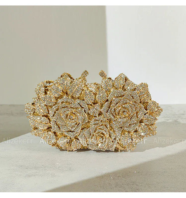 Alizekerr Rose Crystal Evening Clutch Bags Women New Luxury Boutique Sparkling Diamond Flower Purses And Handbags Wedding Party