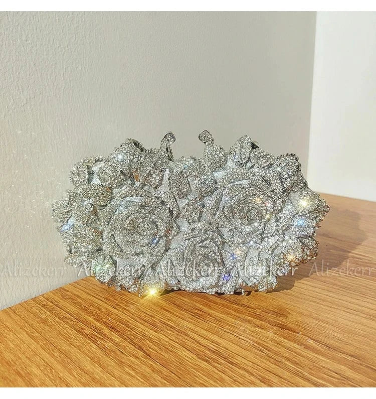 Alizekerr Rose Crystal Evening Clutch Bags Women New Luxury Boutique Sparkling Diamond Flower Purses And Handbags Wedding Party