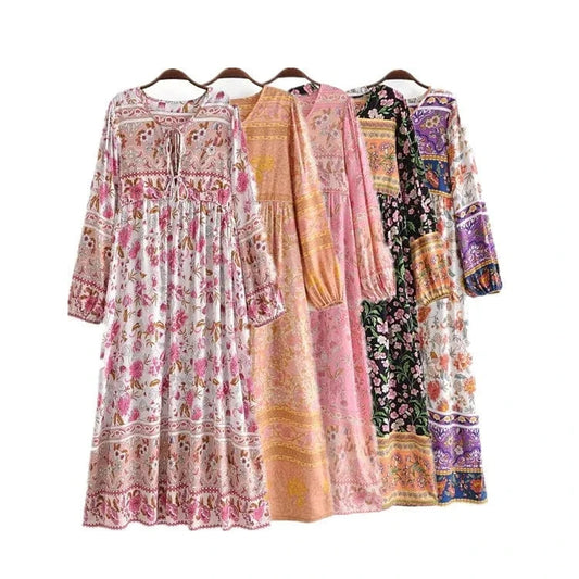 Allure Women Boho floral print V neck Sexy Lady Bohemian Summer Lace Up  Long Sleeve Rayon Maxi Dress