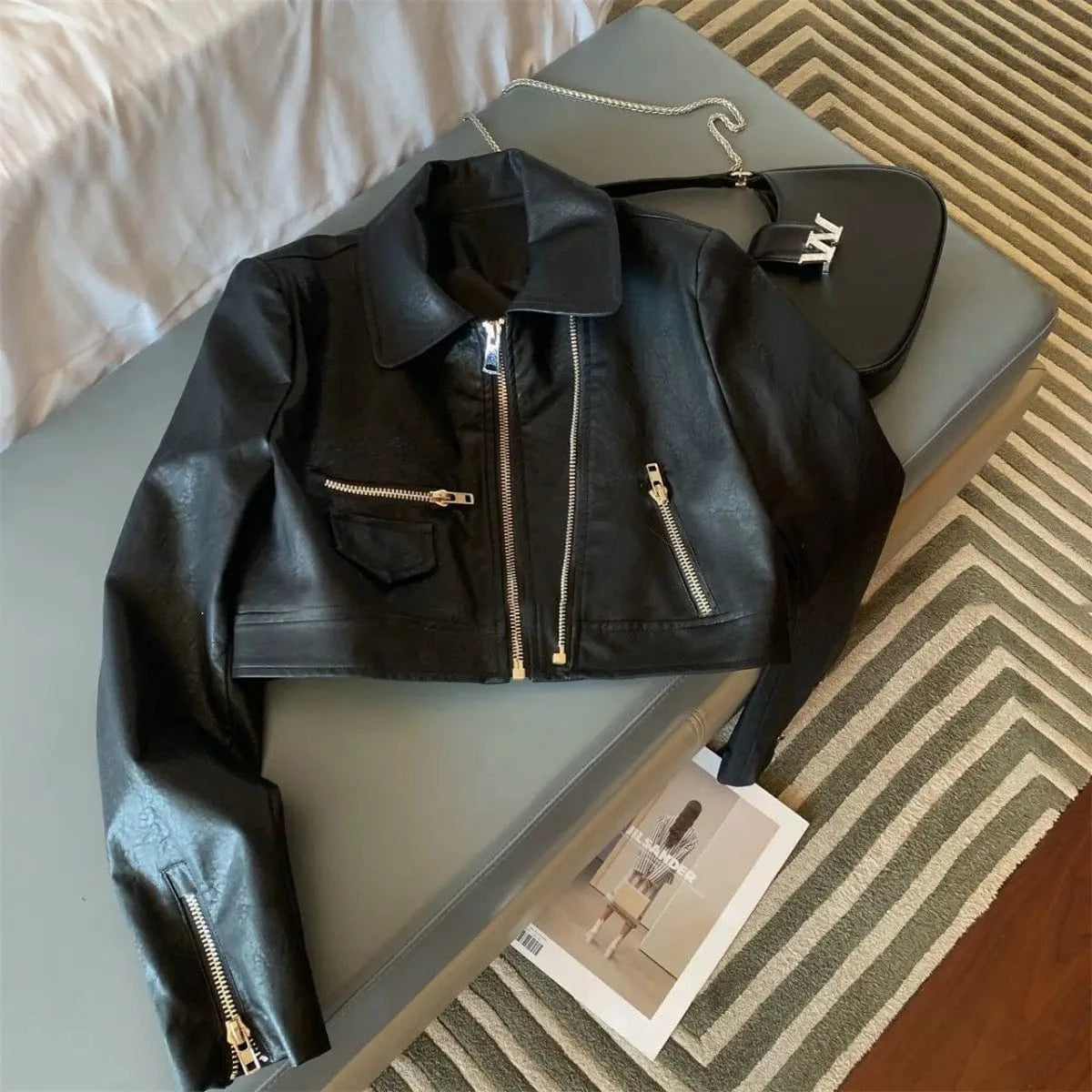 American motorcycle suit leather coat women's autumn new loose Joker double zipper high-grade washed leather short jacket