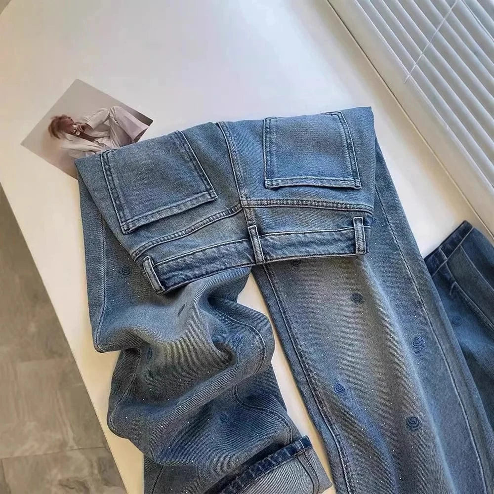 American retro blue embroidery rhinestone rose jeans women's summer new high waist heavy industry washed slim straight pants.