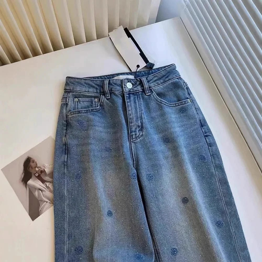 American retro blue embroidery rhinestone rose jeans women's summer new high waist heavy industry washed slim straight pants.