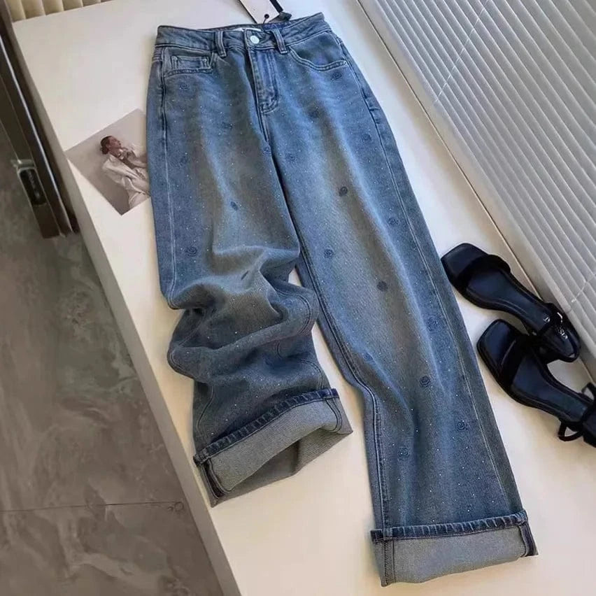 American retro blue embroidery rhinestone rose jeans women's summer new high waist heavy industry washed slim straight pants.