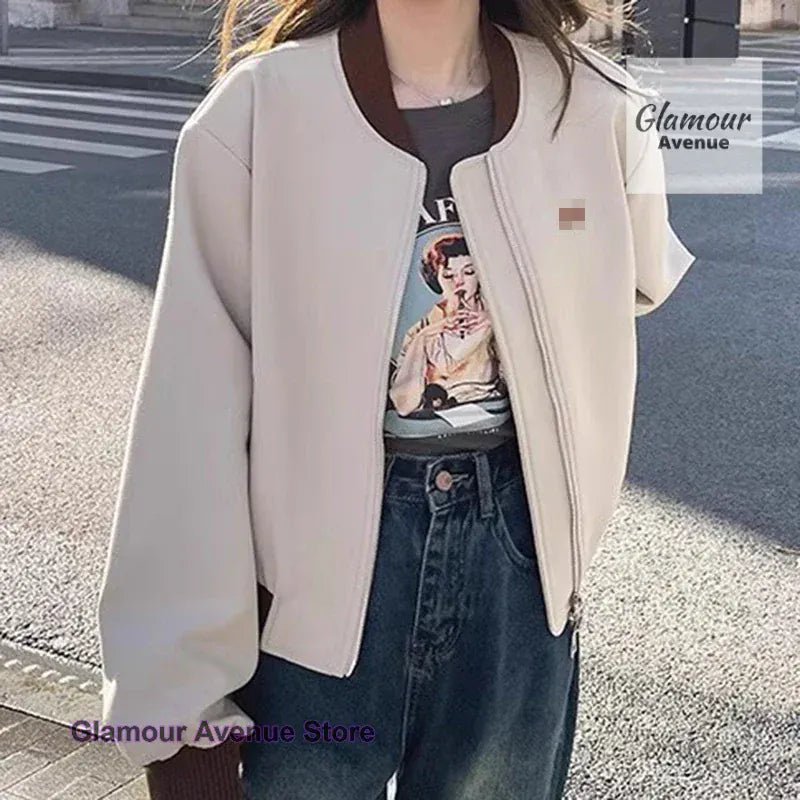 American retro street baseball uniform jacket women's spring and autumn new contrast thin casual Joker short jacket top. - SN Wigs & More
