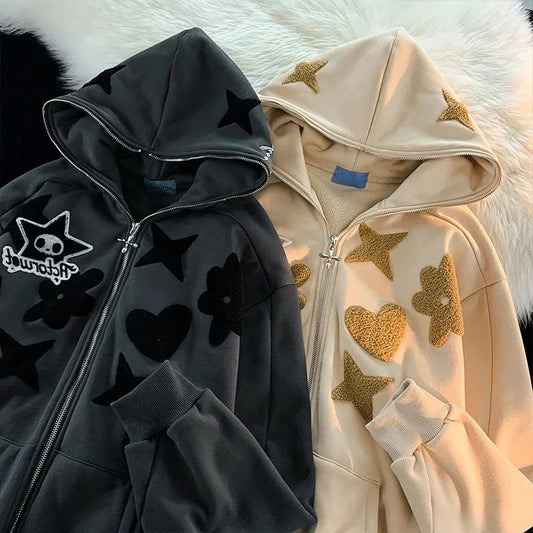 American Vintage Embroidery Zip up Hoodie High Quality Jacket Women Oversized Star Print Sweatshirt Goth Harajuku Y2k Streetwear