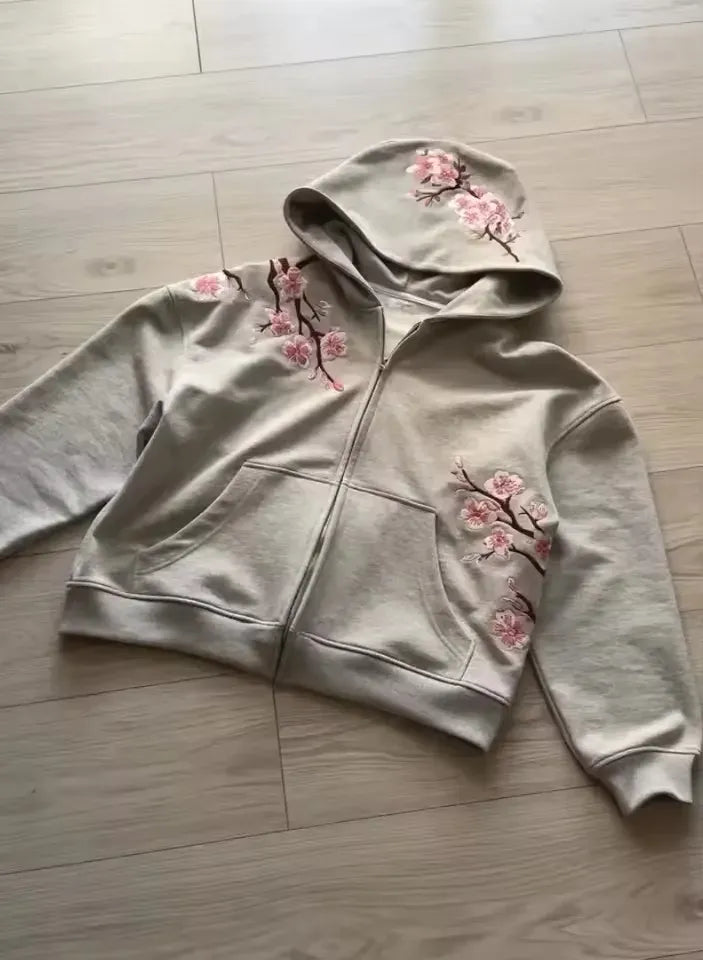 American Vintage Y2K Cherry Blossom Embroidered Hooded Jacket Womens Pink Zipper Coat with Floral Tree Graphic Streetwear