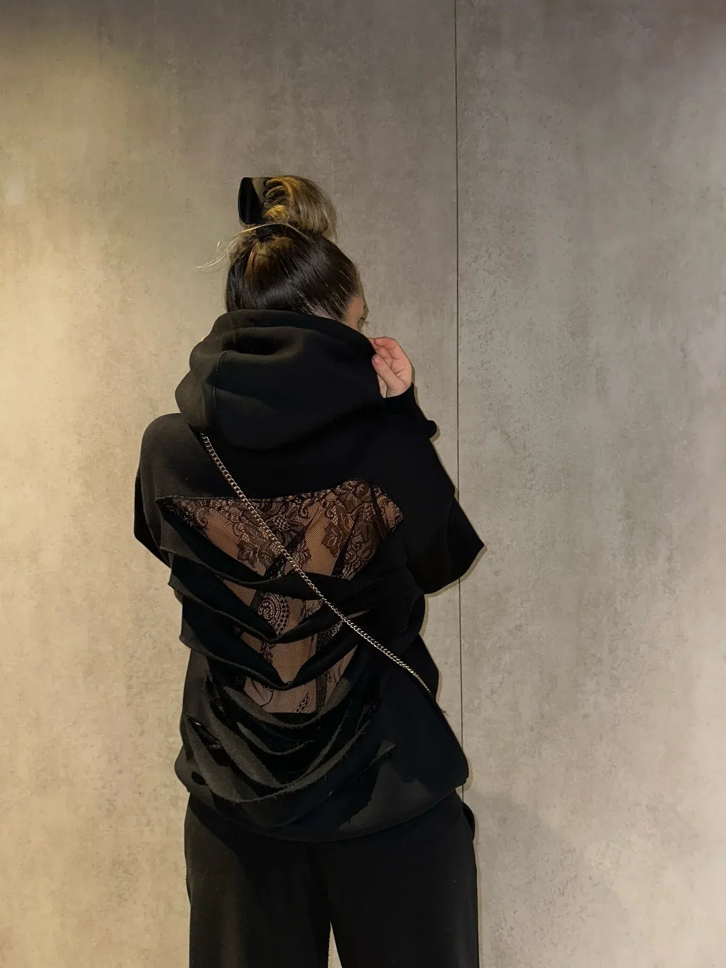 American Y2K Harajuku Gothic Lace Back Hollow Hoodie Womens Black Loose Pullover Hoodie Fashion Translucent Jacket