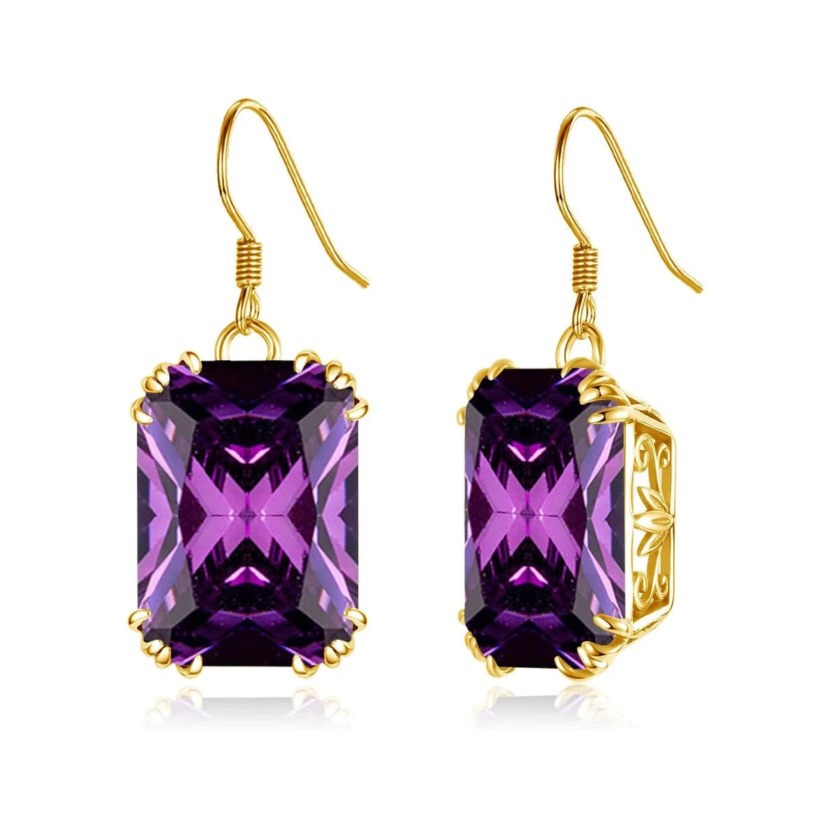 Amethyst Handmade 18K Gold Square Amethyst Earrings  Women Wedding Party  Real Pure 925 Sterling Silver long earrings jewelry