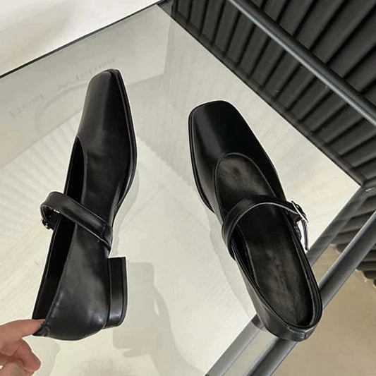 Aneikeh 2023 PU Shallow Spring/Autumn Square Head Buckle Strap Single Shoes Zapatos Women New Mary Jane Flat Retro Dance Shoes