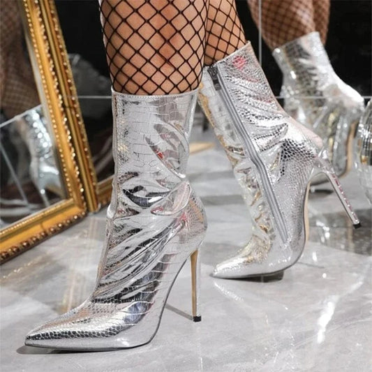 Aneikeh 36-42 Party Ball Women Checkered Fashion Sexy PU Snake Skin Pattern Mid-Calf Modern Boots 2024 Pointed Thin Heels Boots