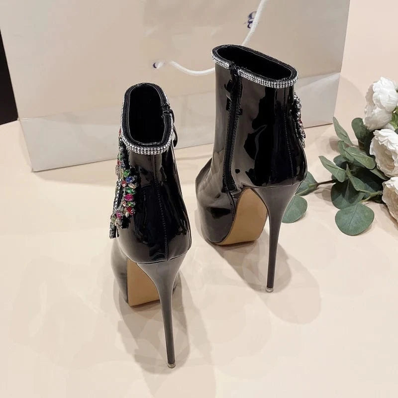 Aneikeh Black 2024 NEW Party Heart-Shaped Crystal Rhinestone Platform Super High Heel Ankle Boots Women PU Peep Toe Short Boot