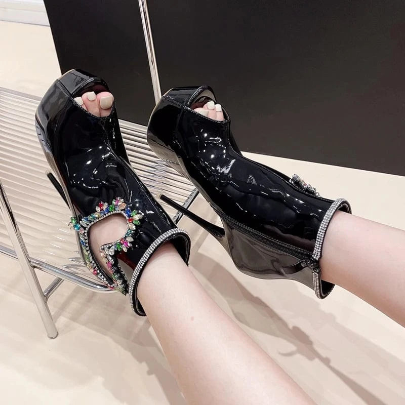 Aneikeh Black 2024 NEW Party Heart-Shaped Crystal Rhinestone Platform Super High Heel Ankle Boots Women PU Peep Toe Short Boot