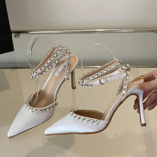 Aneikeh Black Bling Sweet Flock Slip-On Party Solid Slingback Cross-Tied Women Shoes Pointed Toe Shallow Shoes NEW 2024 Fashion