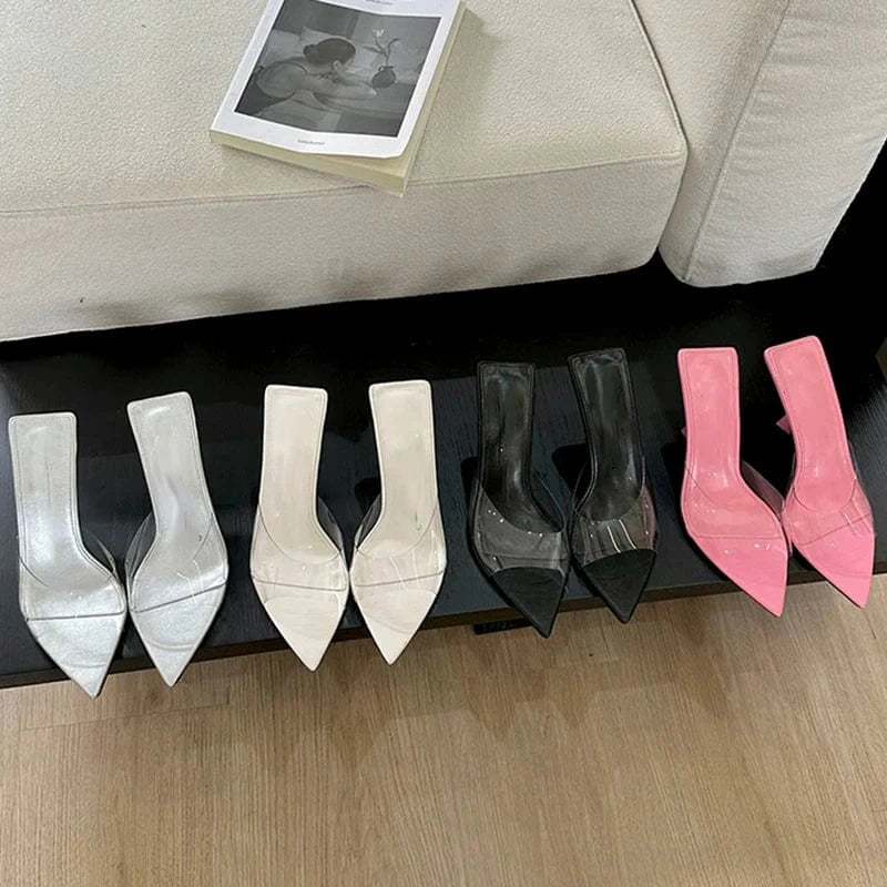 Aneikeh Black Leisure Solid PVC Peep Toe Shallow Thin Heels Slip-On Concise Sandals Shoes For Women Shoes Spring/Autumn Fashion