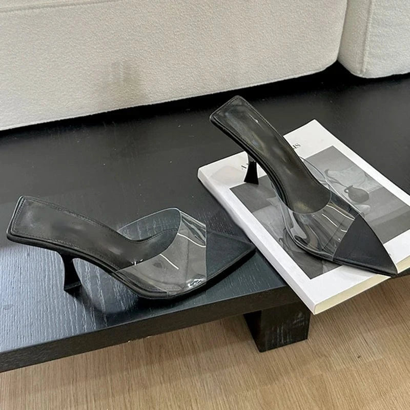 Aneikeh Black Leisure Solid PVC Peep Toe Shallow Thin Heels Slip-On Concise Sandals Shoes For Women Shoes Spring/Autumn Fashion