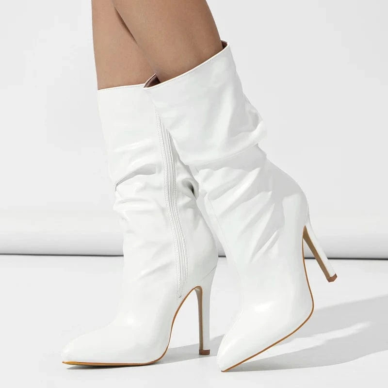 Aneikeh Black Party Wedding Fashion PU Solid Pleated Zipper Boots Women Winter Fashion Pointed Toe Thin High Heel Short Botas