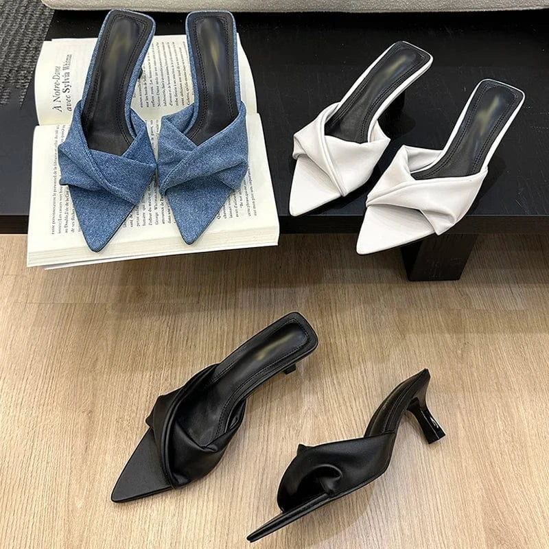Aneikeh Black Pleated Denim Peep Toe Shallow String Bead Square Heel Slip-On Concise Sandals Women Shoes Spring/Autumn NEW 2024