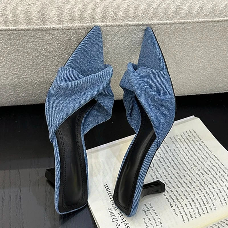 Aneikeh Black Pleated Denim Peep Toe Shallow String Bead Square Heel Slip-On Concise Sandals Women Shoes Spring/Autumn NEW 2024